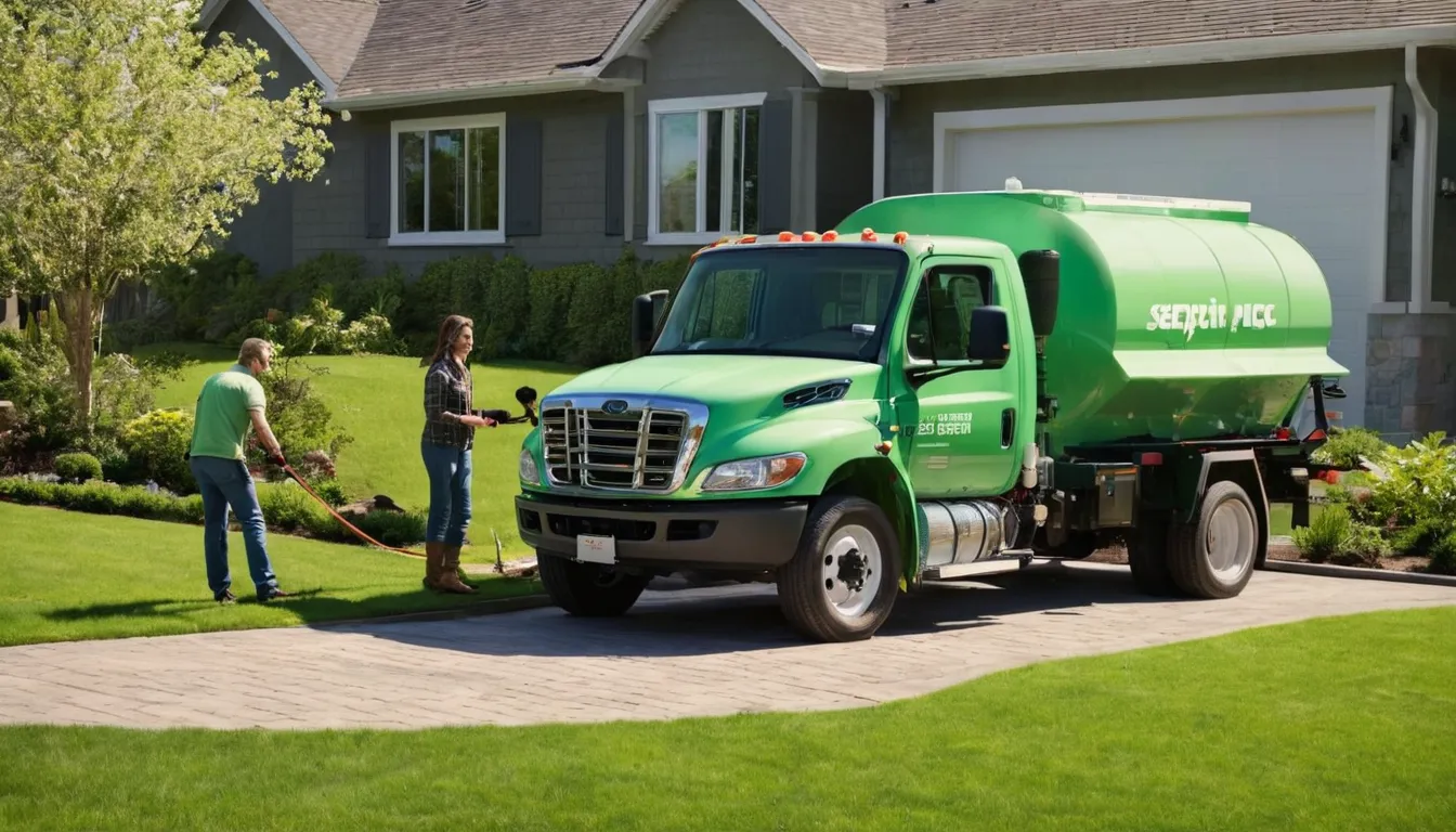 Provider and homeowner talking beside an open septic access lid in a backyard in Beavercreek