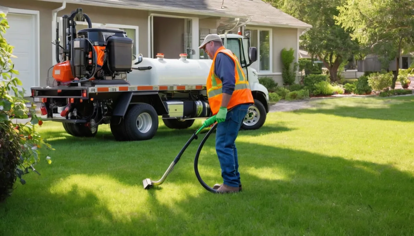 Provider's vacuum truck parked beside a home while a technician checks a septic tank in the Beavercreek area