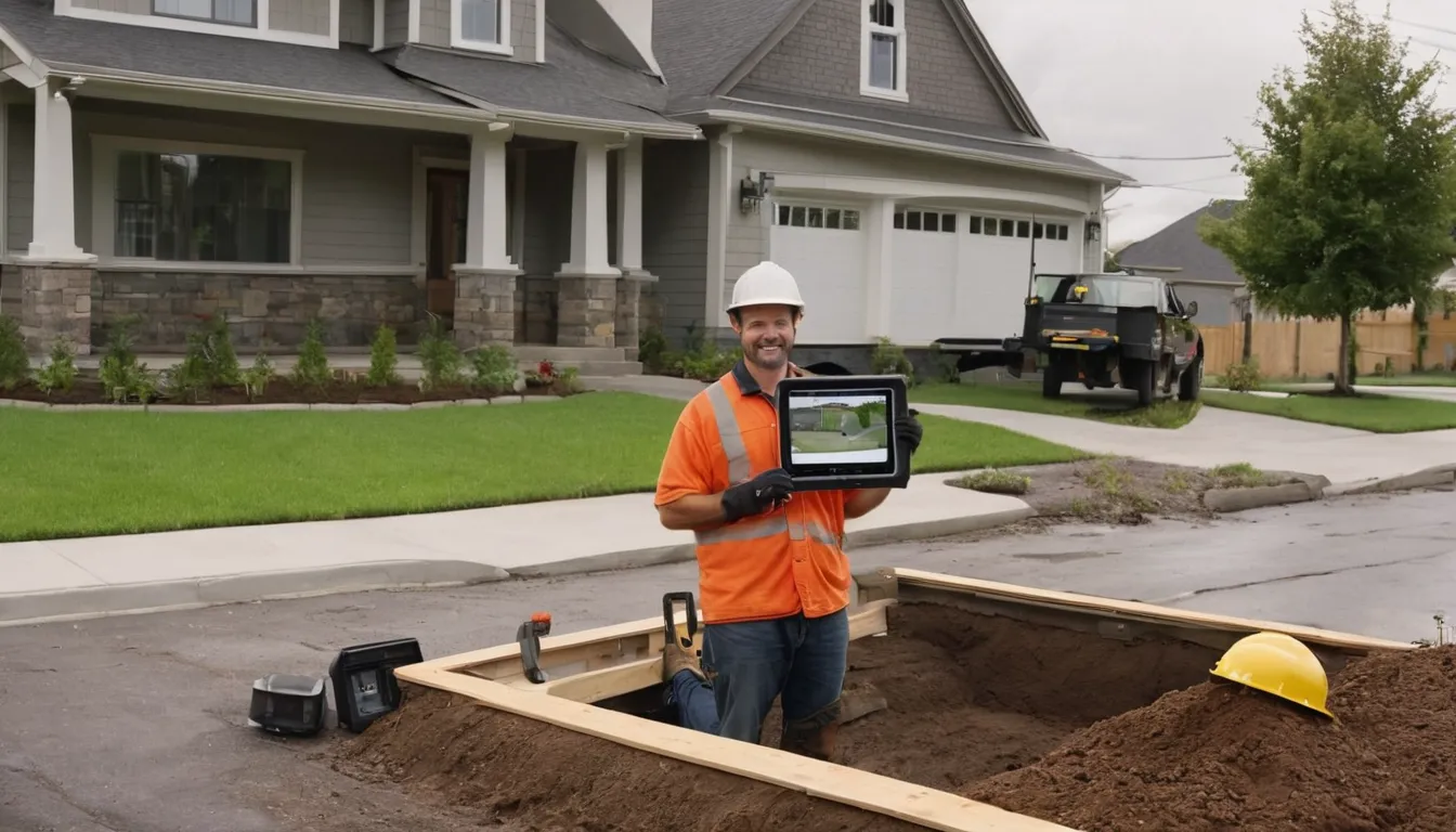 A local provider and a homeowner reviewing a sewer line repair trench in a Beavercreek front yard